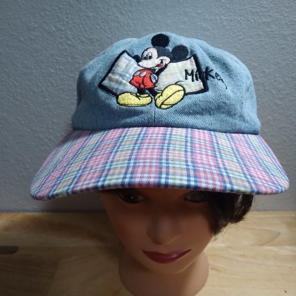 Vintage 90s Mickey Unlimited Mickey Mouse Plaid Denim Strap Back Hat